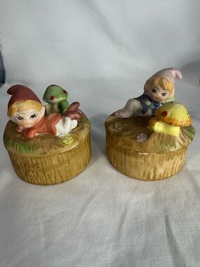 Vintage Homco Pixie Mushroom Trinket Boxes Set of 2 Ceramic Woodland Elf